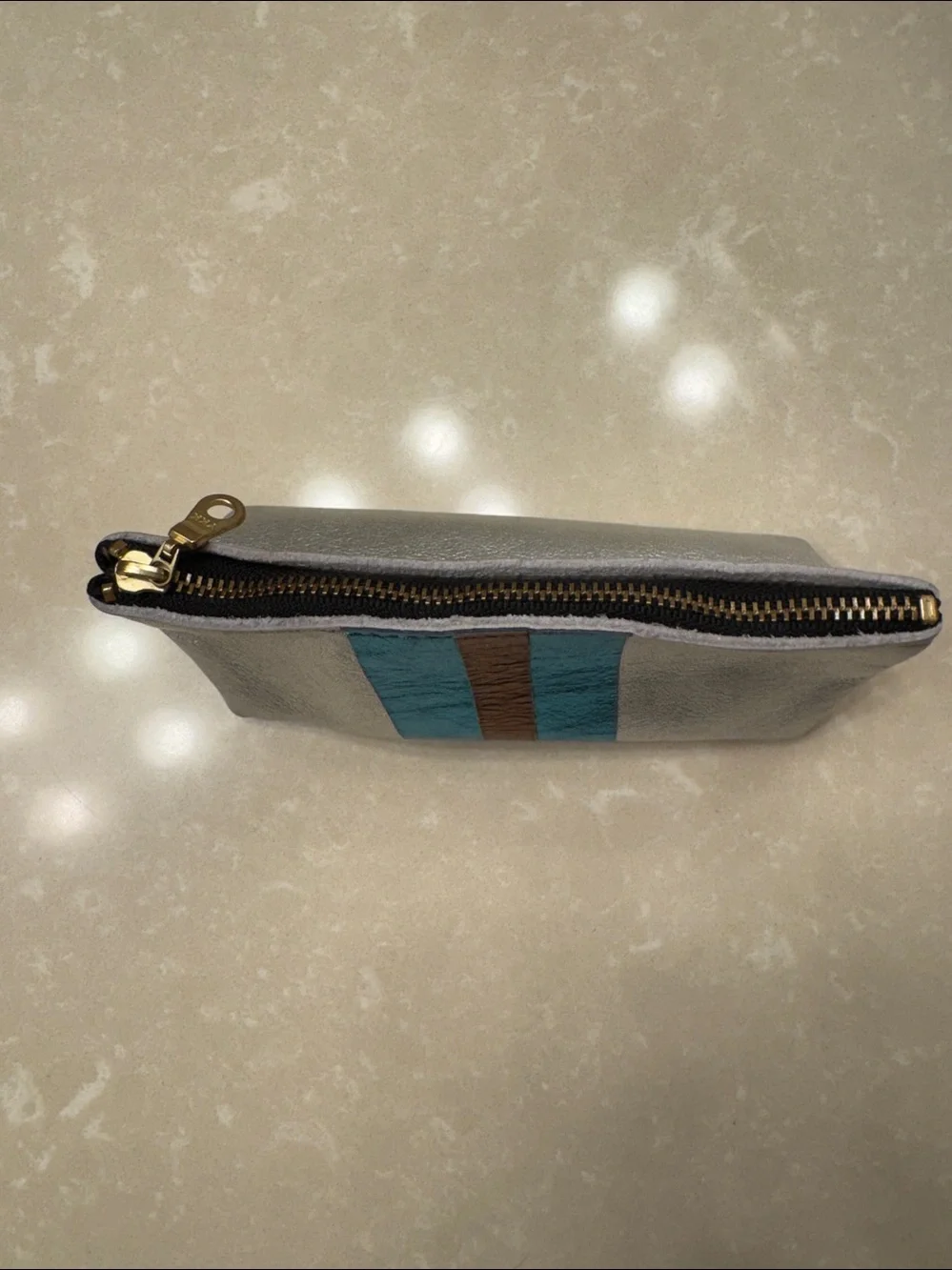 Silver Leather Cosmetic Pouch with Turquoise and Brown Stripes